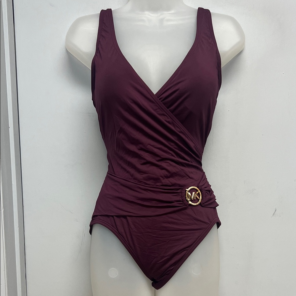 Michael Kors Plum Ruched One-Piece Swimsuit – Gold MK Logo – Size 8